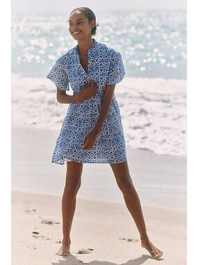 RO'S GARDEN Vibeka Pleated Mini Dress Shirt Sleeves Women's Size L Blue Pattern